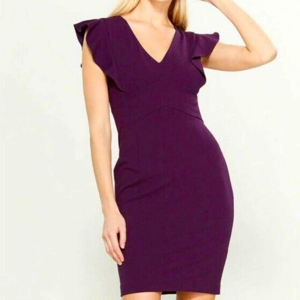 DKNY Women’s Purple Ruffle Sleeve Velvet Sheath Dress